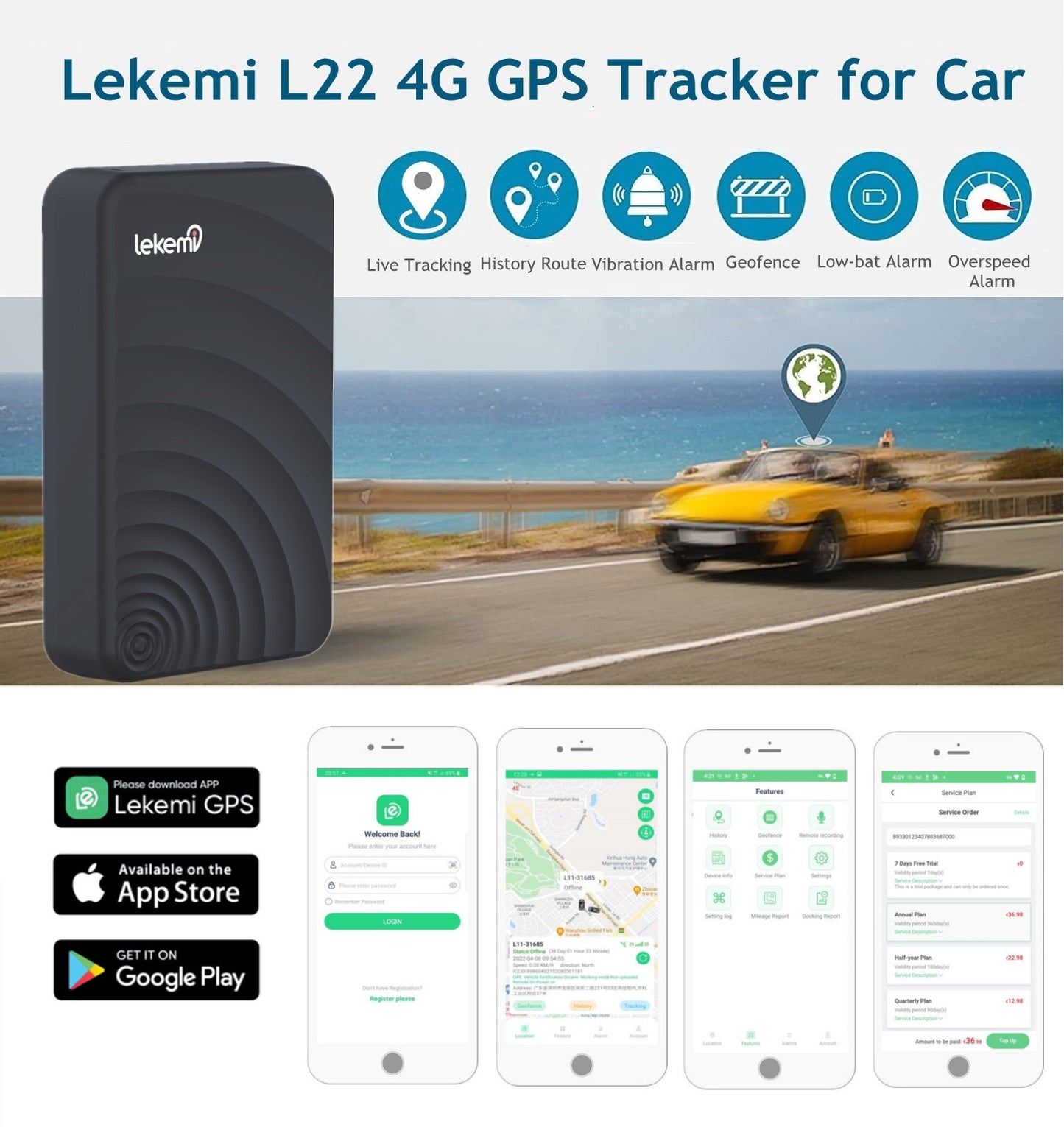 Lekemi L22 - Localizzatore GPS rete 4G per auto con servizio in abbonamento, magneti potenti, batteria potente da 10.000 mAh e 50 giorni di funzionamento